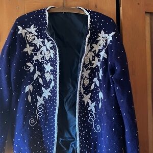 Navy Cardigan with White Floral Embroidery